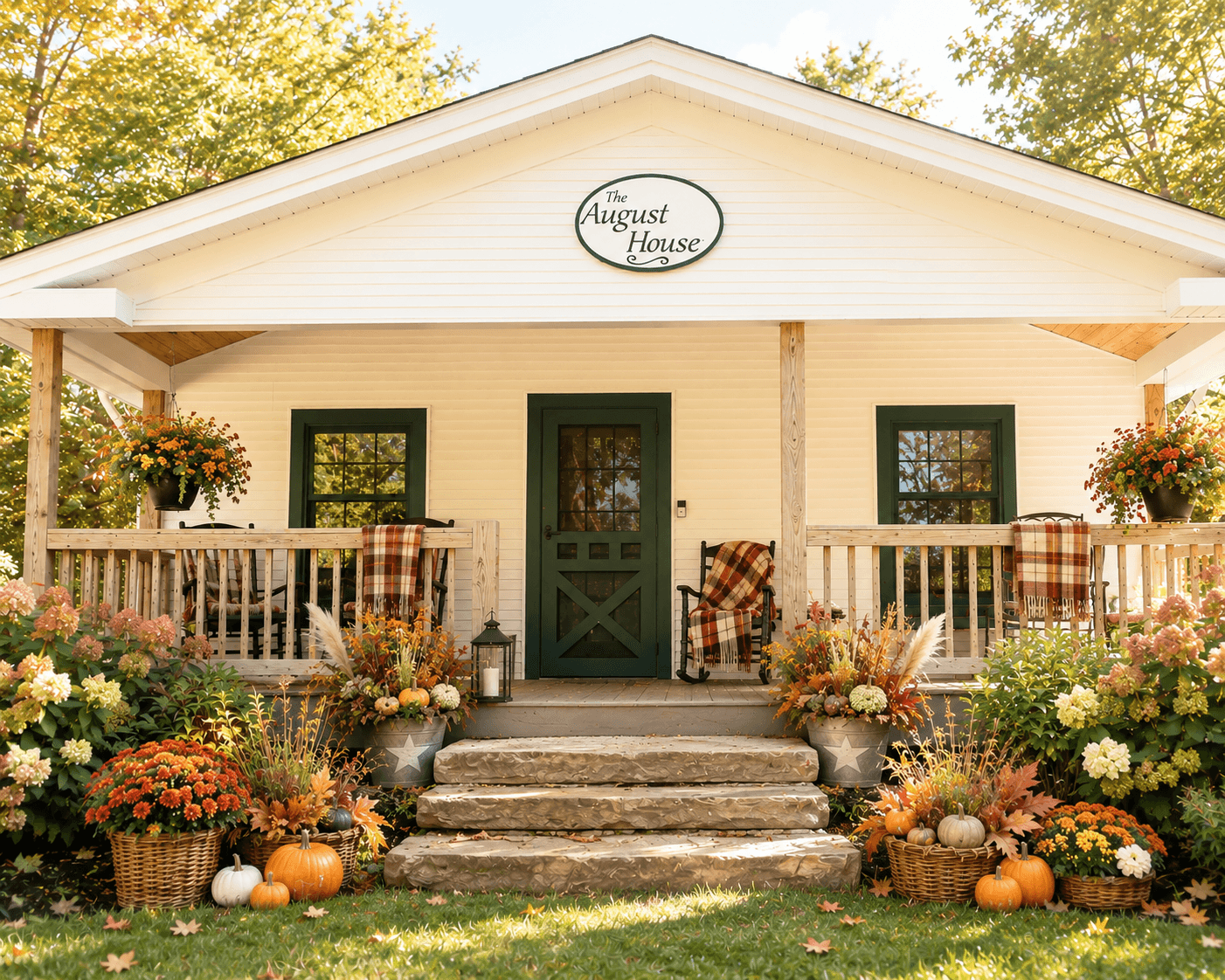 A cozy white house with a sign reading "The August House," surrounded by colorful autumn decorations and plants.