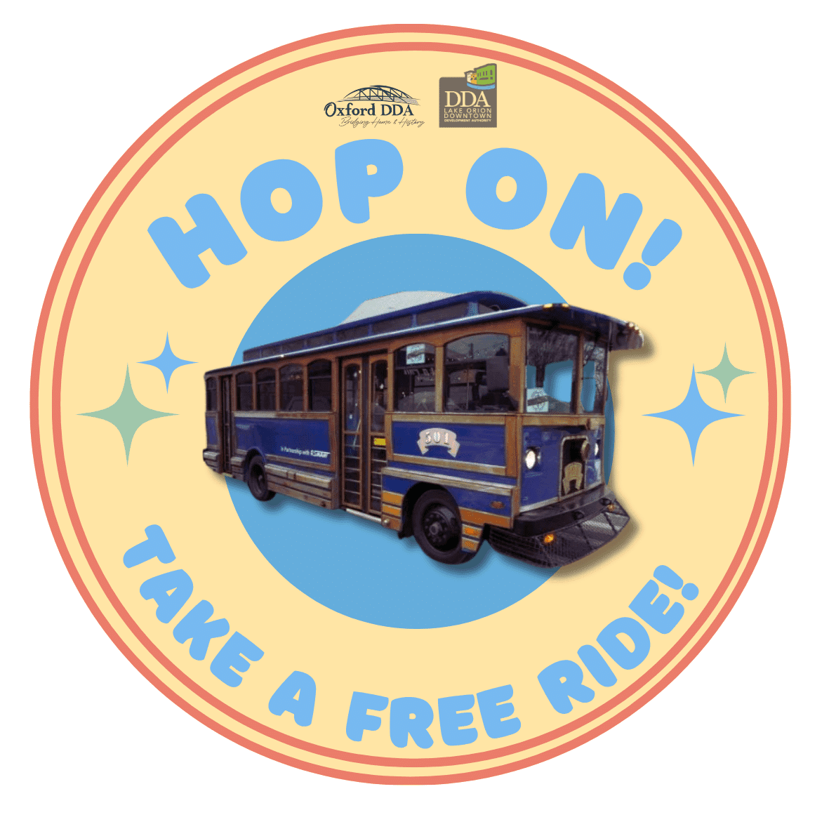 A vintage-style trolley with the text "Hop On! Take a Free Ride!" against a colorful background. A vintage-style trolley with the text "Hop On! Take a Free Ride!" against a colorful background.