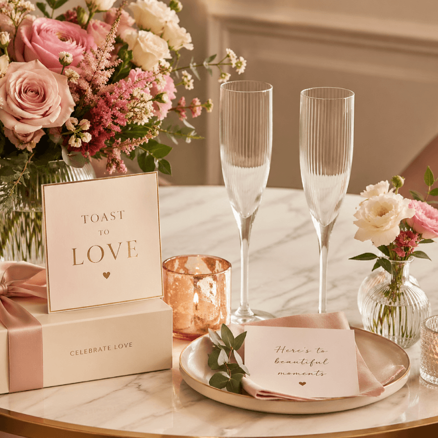 A beautifully arranged table featuring champagne flutes, a floral centerpiece, a celebratory card, and a decorative plate.