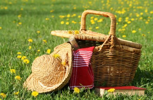 Light tan wicker picnic basket sitting in grass full of yellow flowers